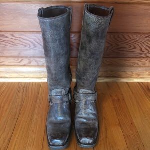 Frye harness square toe boots, distressed gray 8.5
